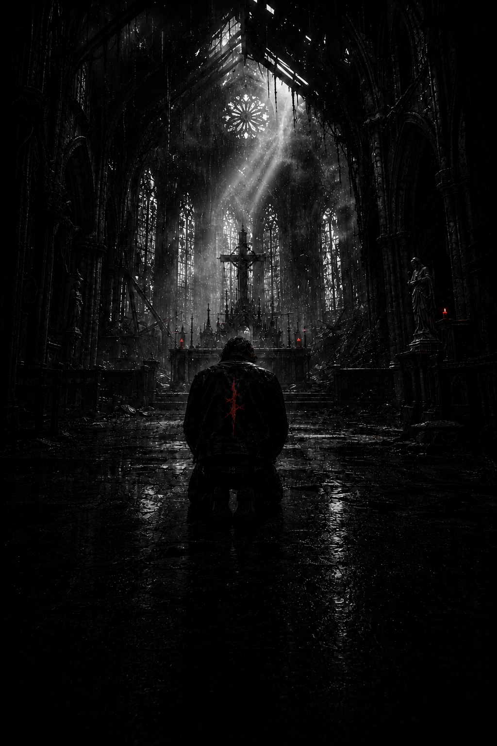 Static saint ajoelhado sob chuva no interior da catedral