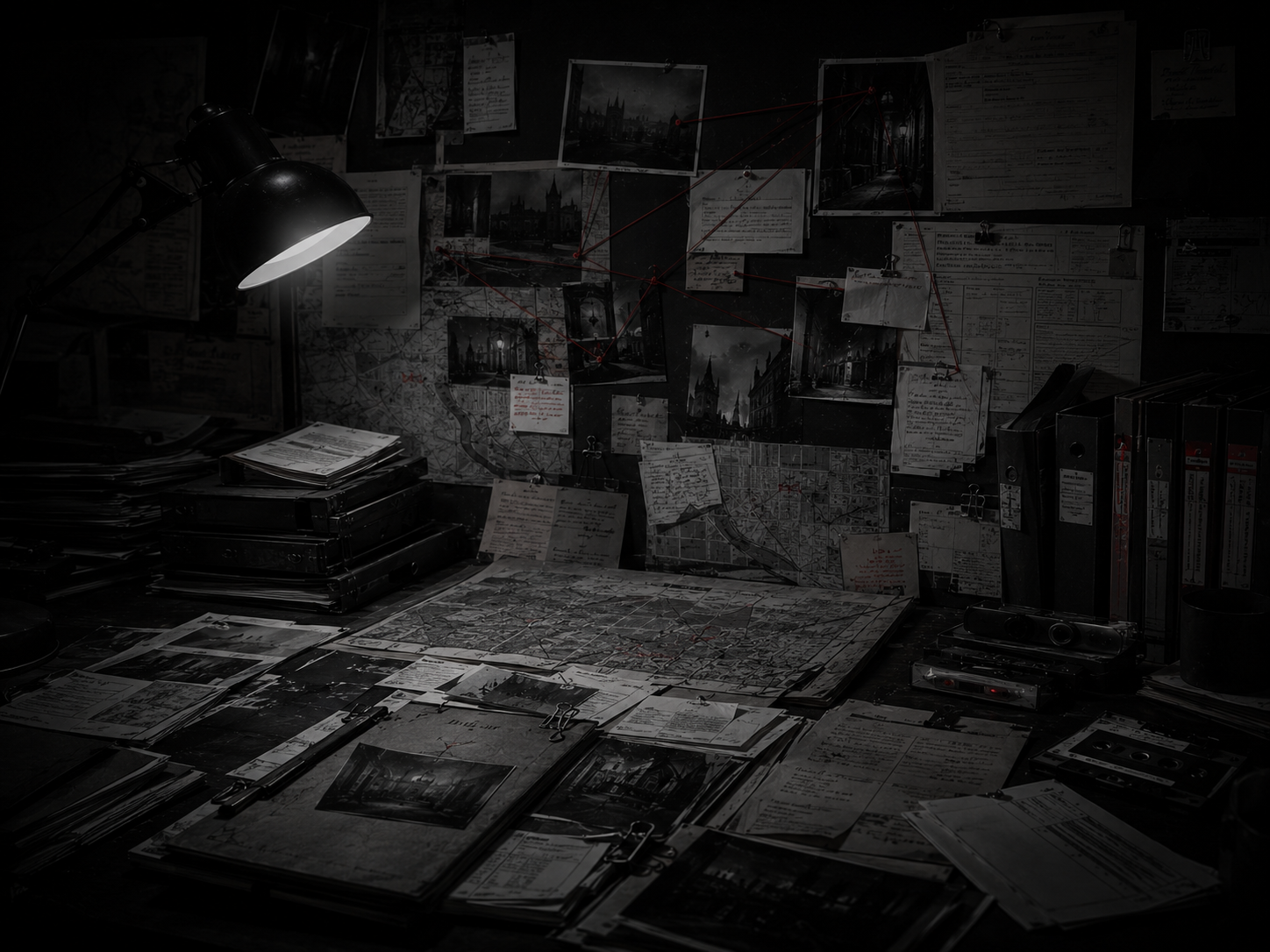 Sala de investigacao em estilo noir