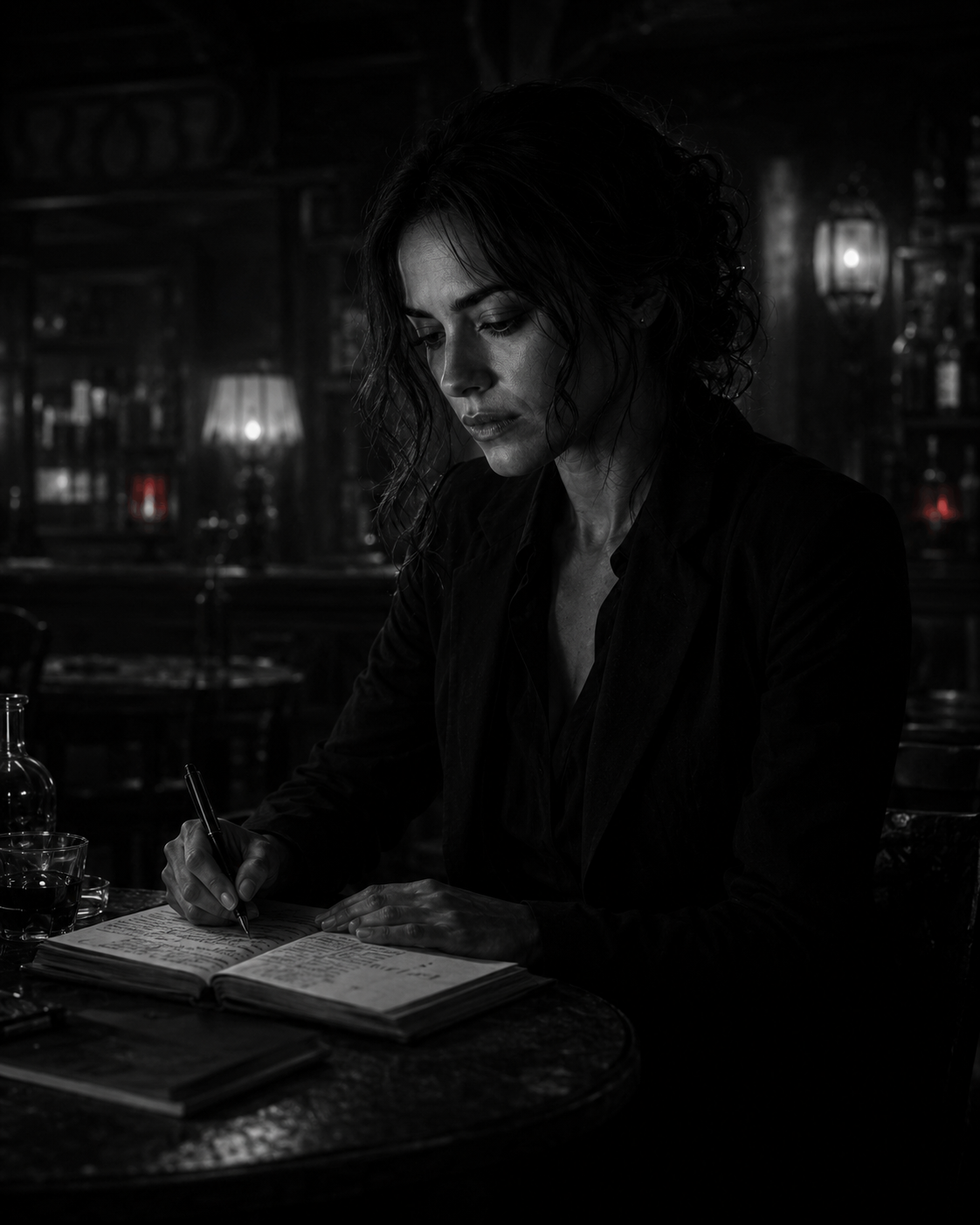 Sara escrevendo no caderno num bar noturno