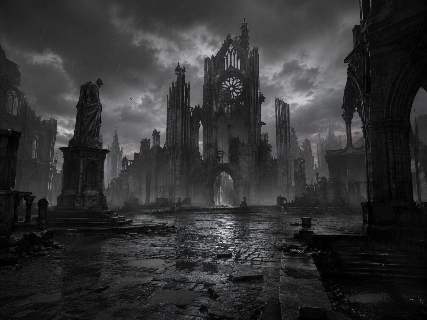 Praca gotica em ruinas sob tempestade