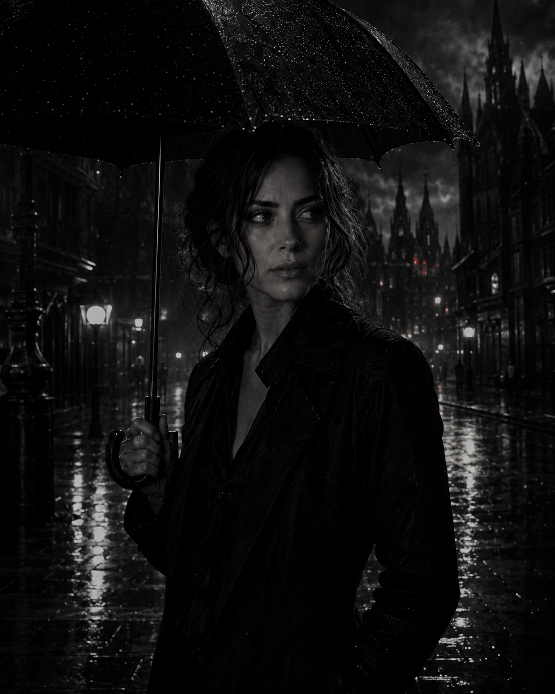 Sara sob guarda-chuva em rua chuvosa de Veldmoor