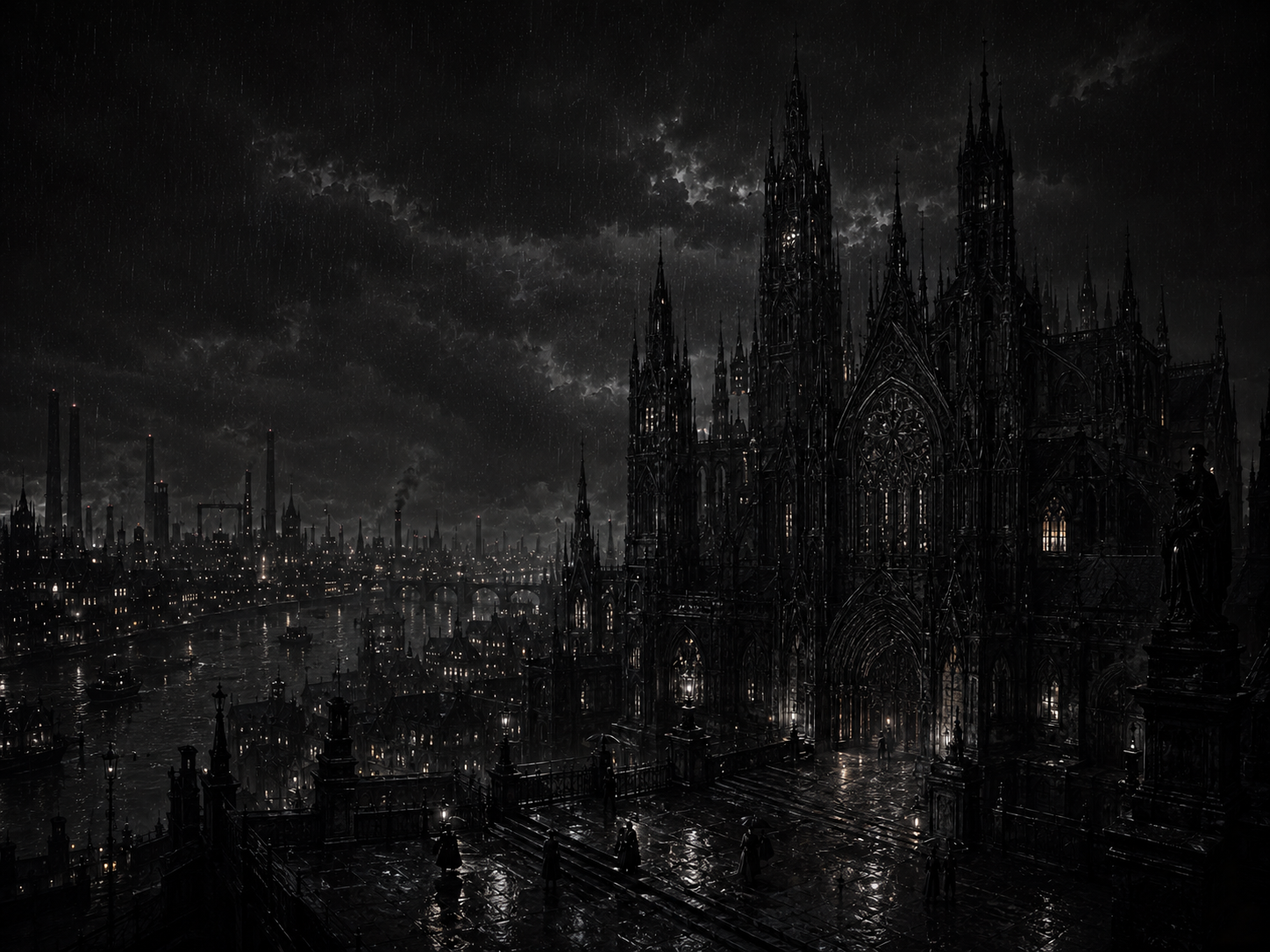 Cidade gotica chuvosa a noite