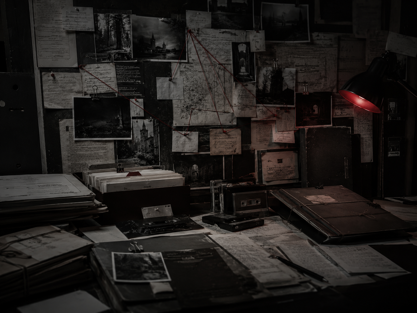 Sala de investigacoes sombria e caotica