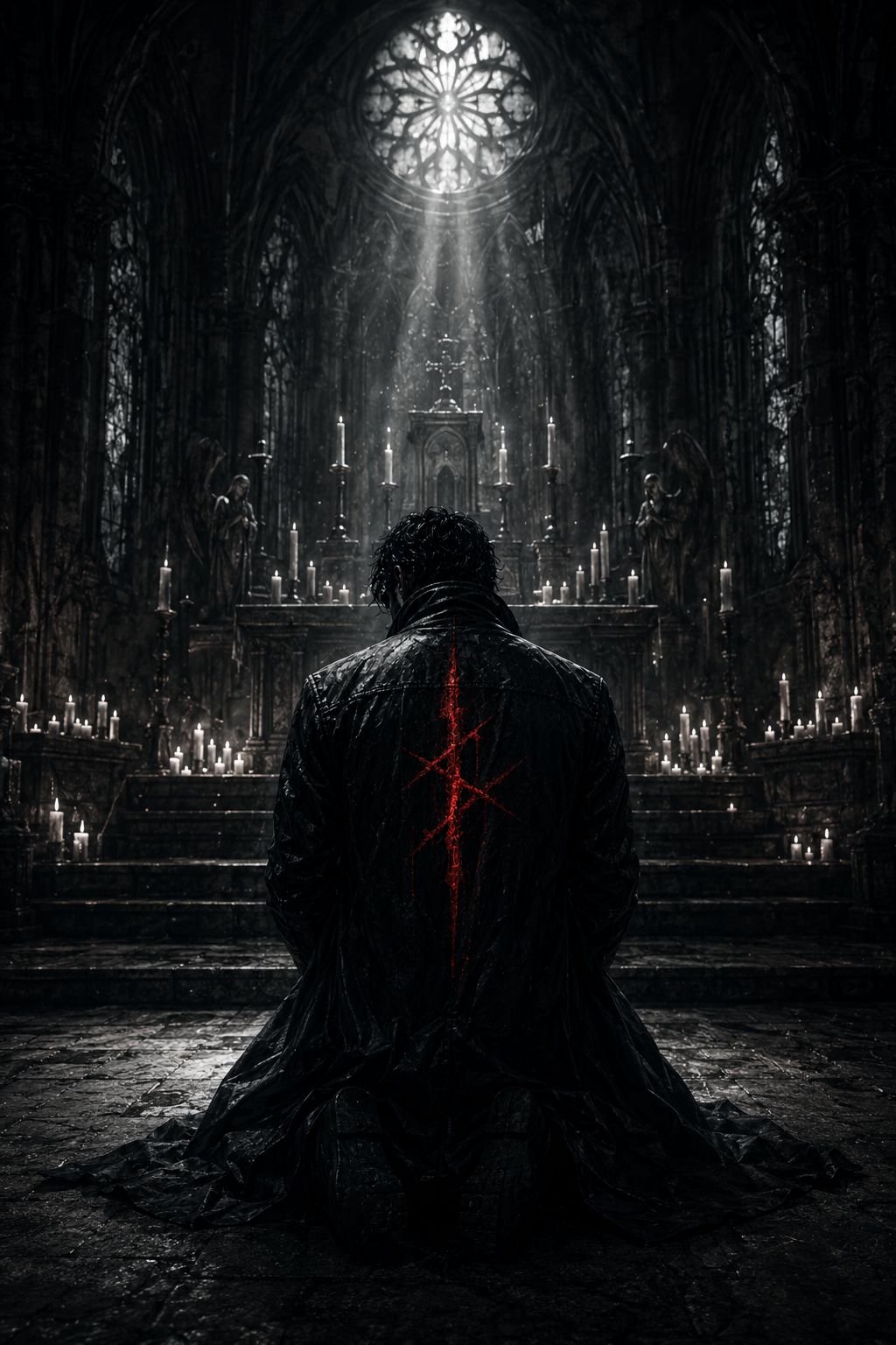 Static saint ajoelhado diante do altar de velas