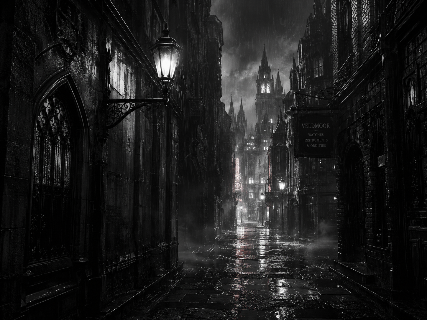 Rua gotica chuvosa a noite