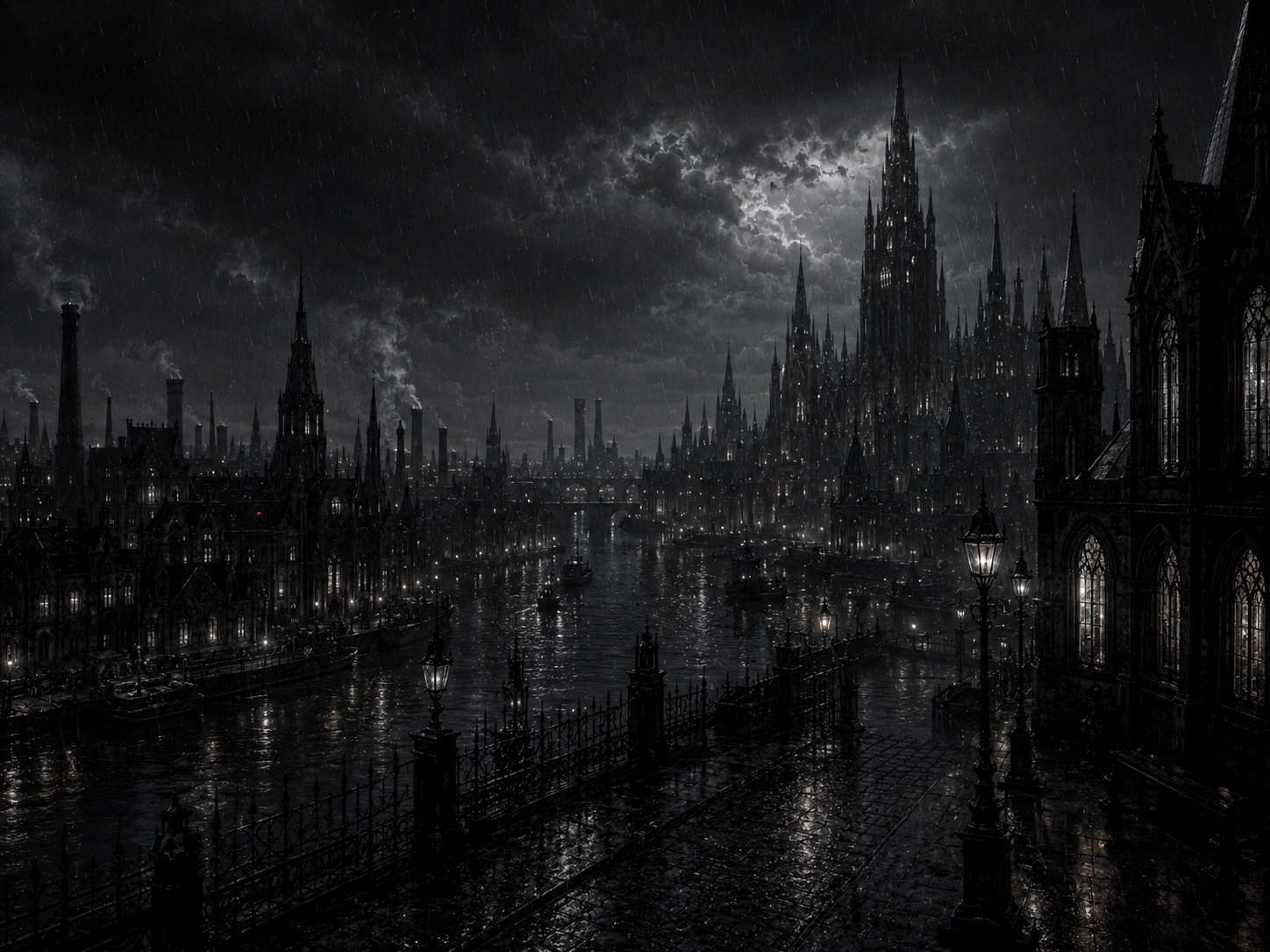 Cidade gotica sob chuva intensa