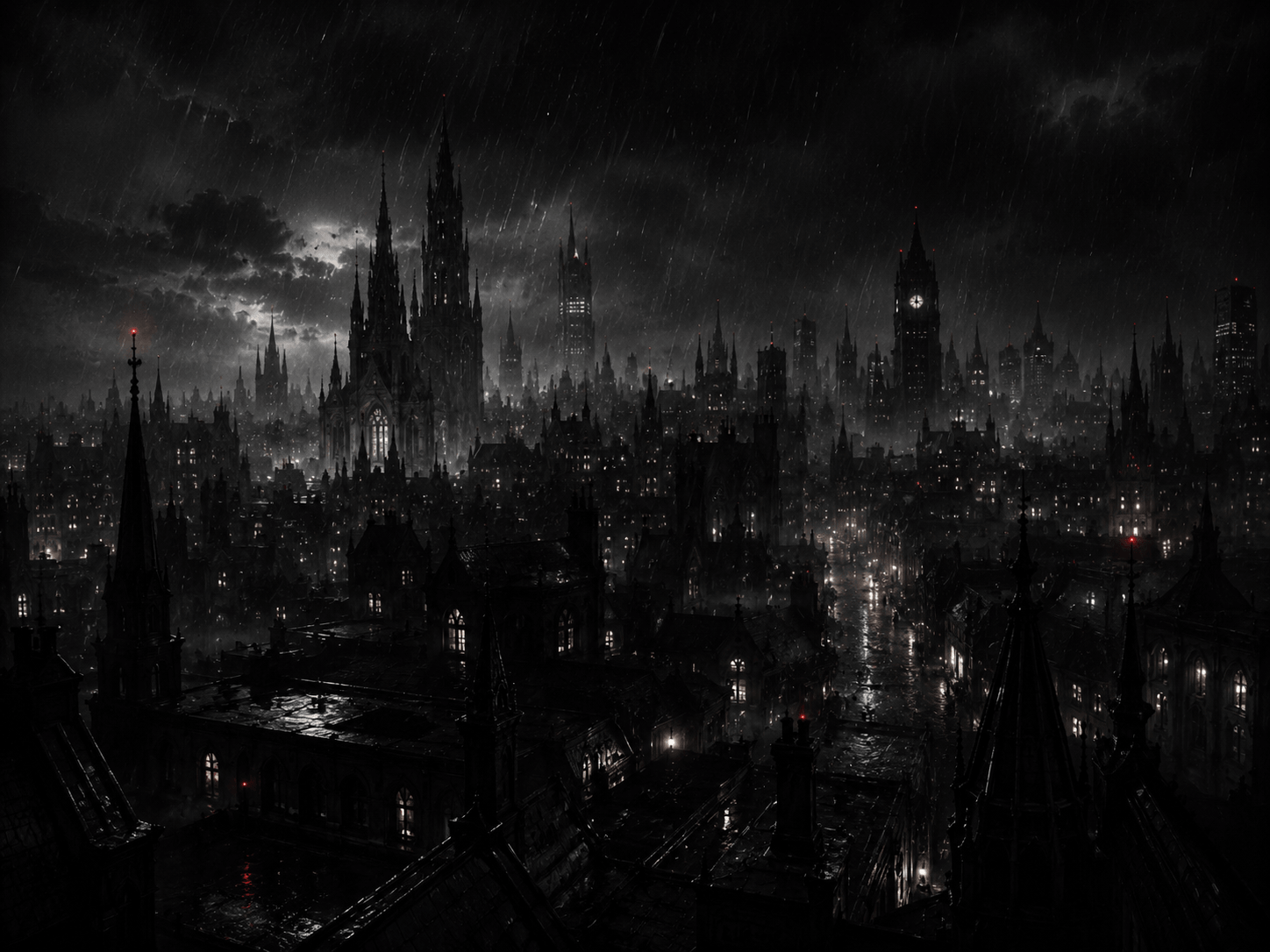 Skyline gotico com catedral sob tempestade