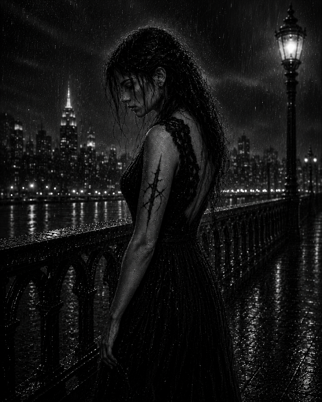 Mulher solitaria na chuva noturna