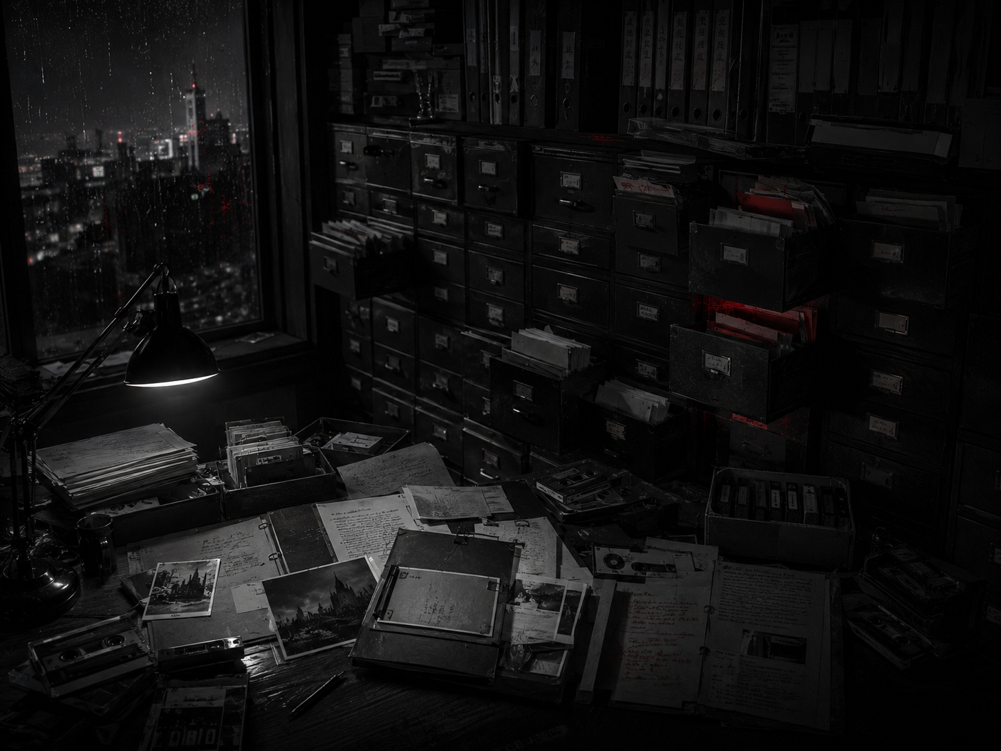 Cenario noir de arquivos e investigacao